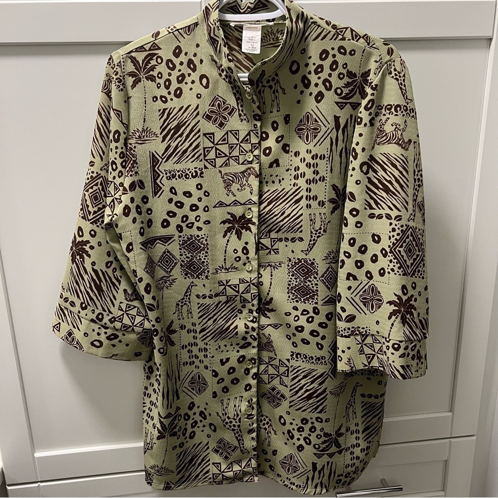 Vintage TRADITION Green and Brown Safari Patterned Button-Up Shirt | Size 12 WMN